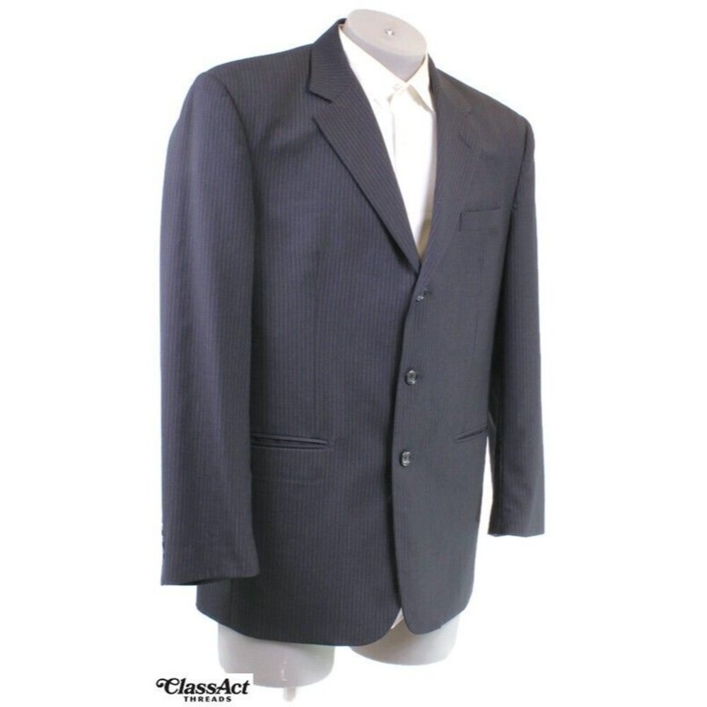 Jos A Bank Navy Blue Striped 3 Btn Wool Blazer Sport Coat Suit Jacket 43R